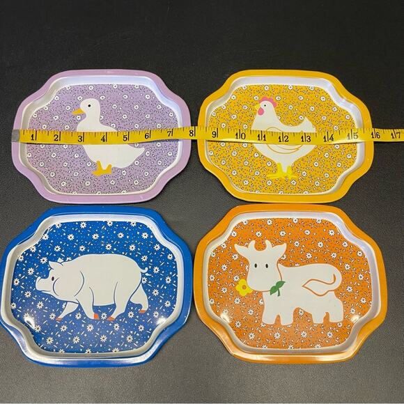 Vintage Tin Tray Set Cottagecore Pig Chicken Duck Cow 70s Kitchen Decor Retro - Picture 5 of 6